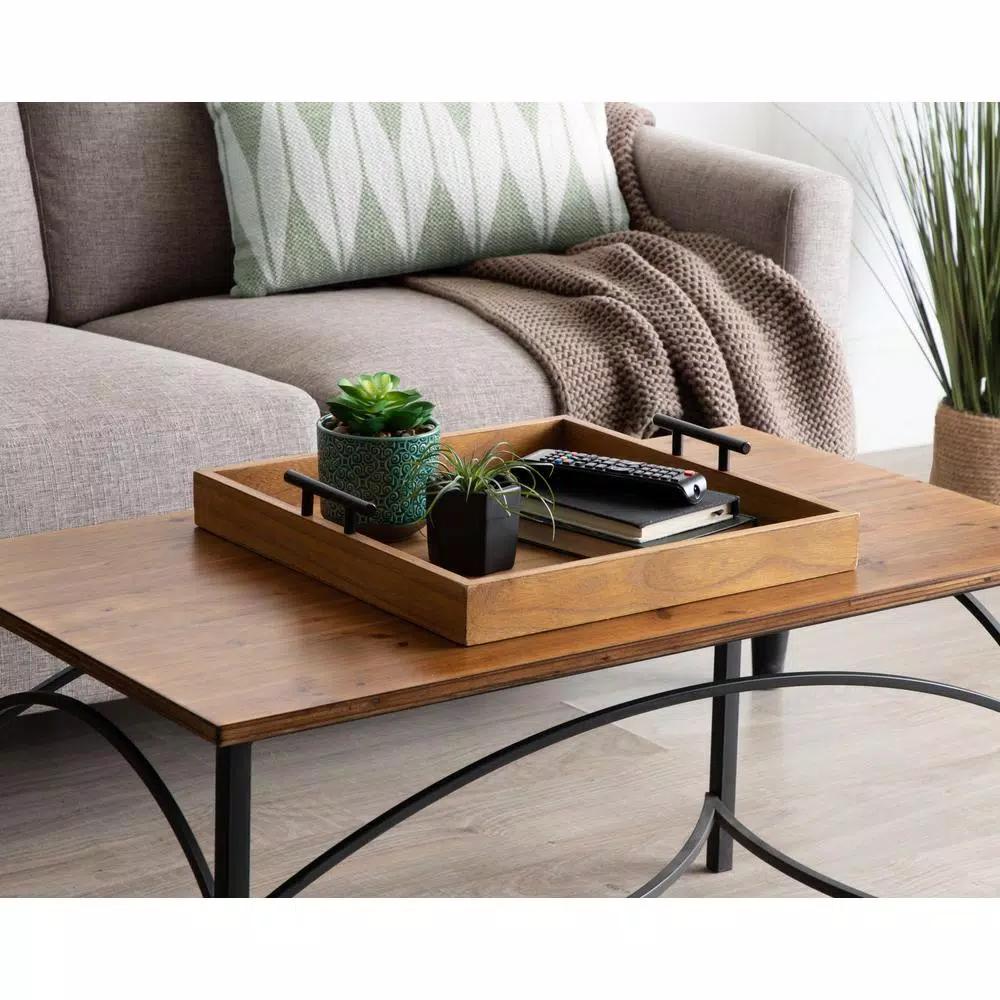 Kate and Laurel Lipton 16 in. Square Decorative Wood Tray with Black Metal Handles, Rustic Farmhouse Style