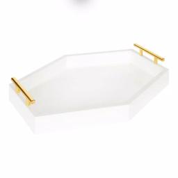 Kate and Laurel Lipton White Glossy Decorative Hexagon Tray with Gold Metal Handles thumbnail 4