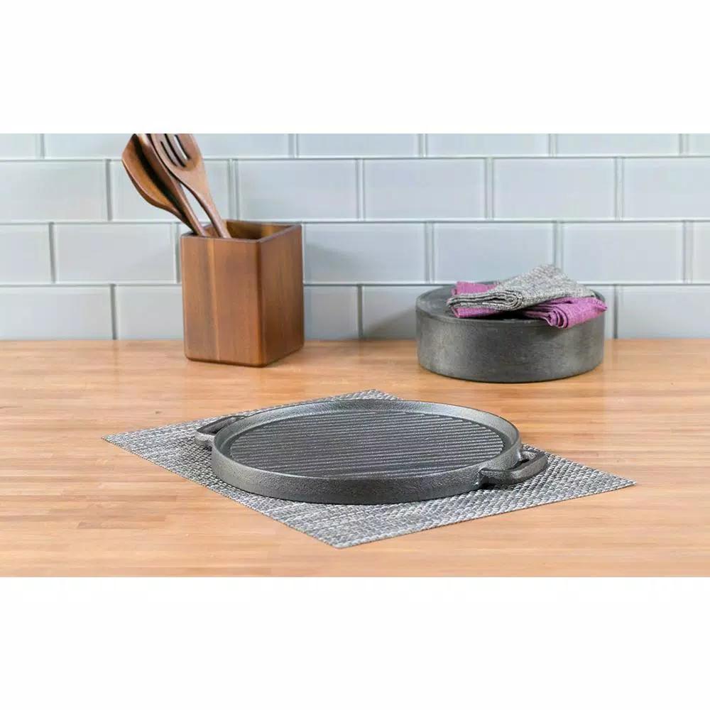 Basic Essentials 12 in. Pre-Seasoned Cast Iron Reversible Grill and Griddle Pan with Dual Handles