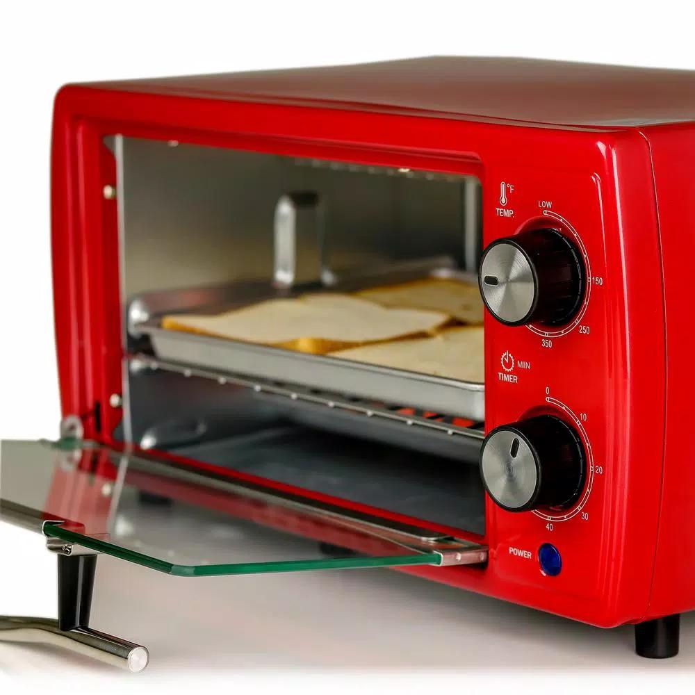 Ovente 700W 4-Slice Electric Toaster Oven with 9.5L Capacity, Timer, and Tempered Glass Door - Red