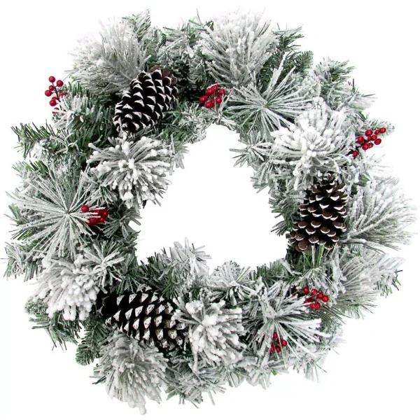Fraser Hill Farm 24 in. Artificial Christmas Wreath with Snow Flocking, Pinecones, and Red Berries