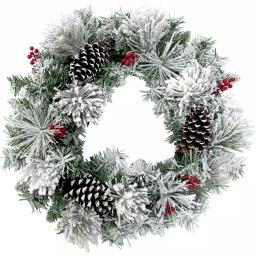 Fraser Hill Farm 24 in. Artificial Christmas Wreath with Snow Flocking, Pinecones, and Red Berries thumbnail 1