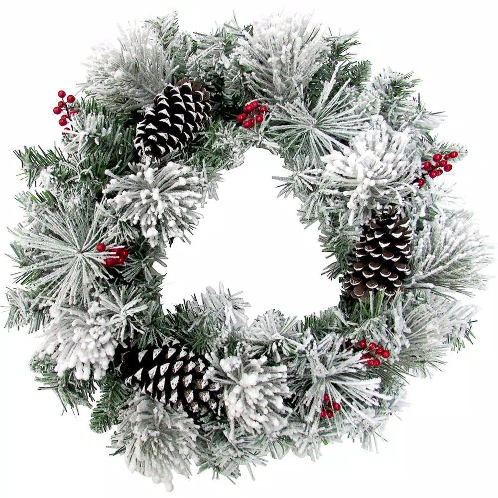 Fraser Hill Farm 24 in. Artificial Christmas Wreath with Snow Flocking, Pinecones, and Red Berries