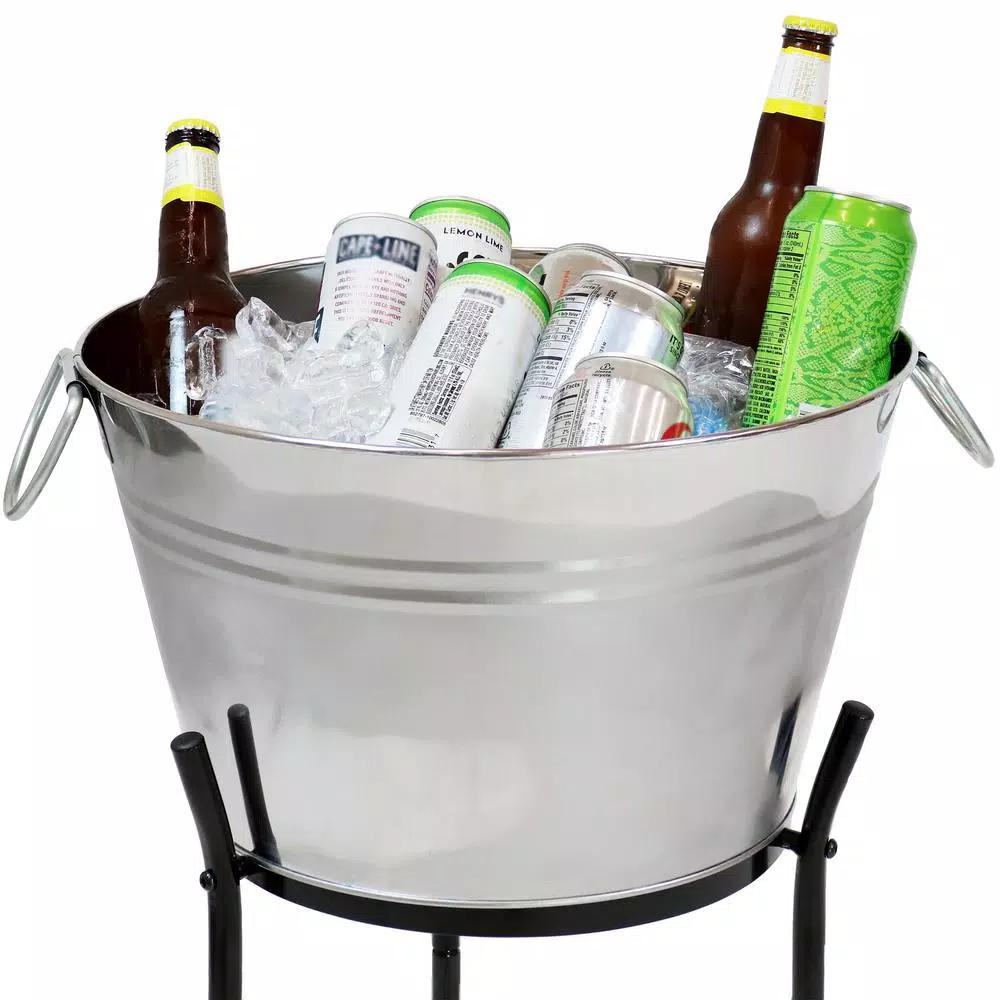 Sunnydaze Decor 5-Gallon Stainless Steel Ice Bucket Cooler with Iron Stand and Serving Tray