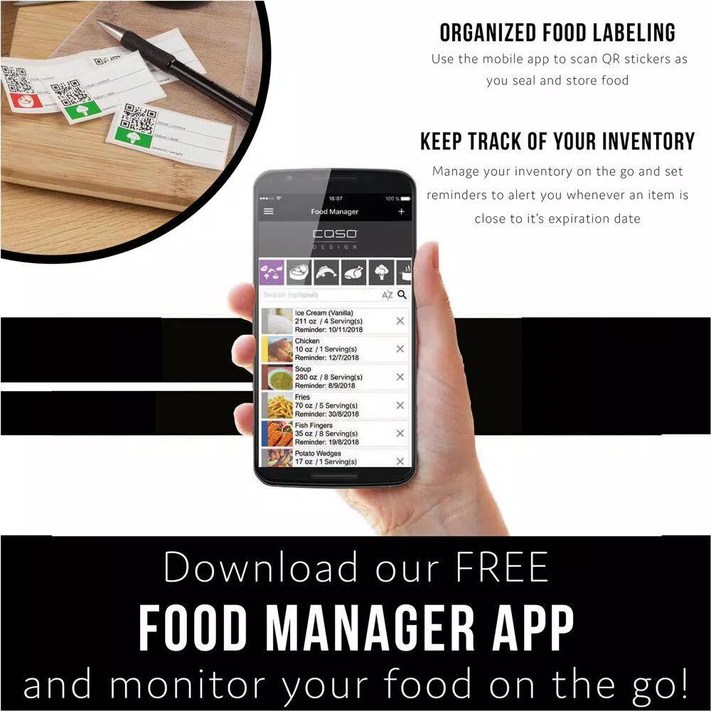 Caso VC 300 Food Vacuum Sealer with Food Management App and Bonus Bag & Roll Set, Silver/Black