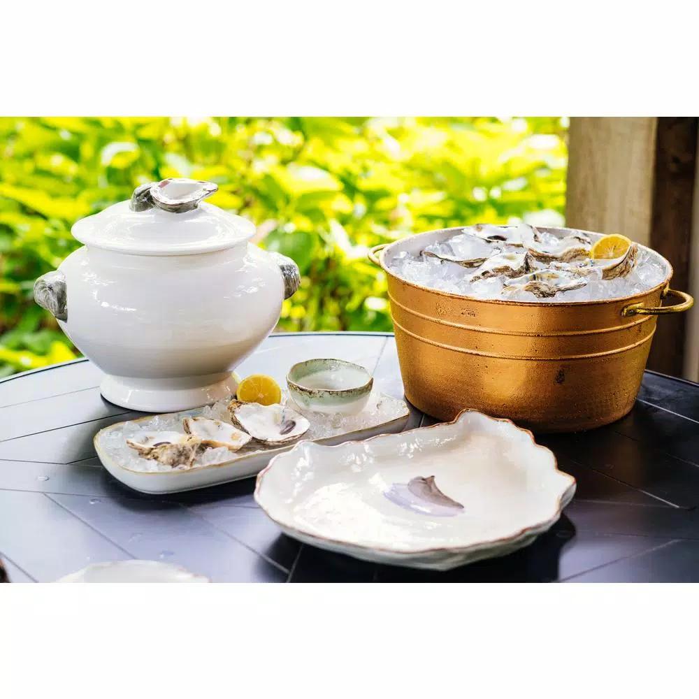 Abigails Seaside Ivory and Green Ceramic Oyster Serving Tray - Handmade in Italy