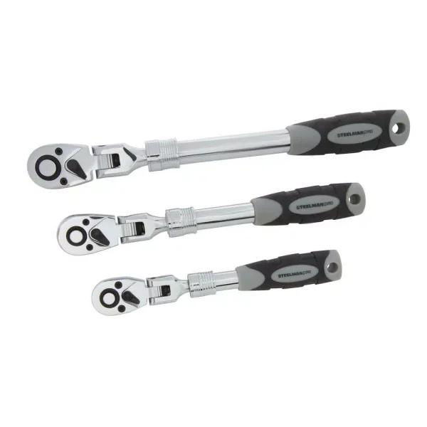 STEELMAN PRO 96753 3-Piece Extendable Flex-Head Ratchet Set, 1/4 in., 3/8 in., and 1/2 in. Drive