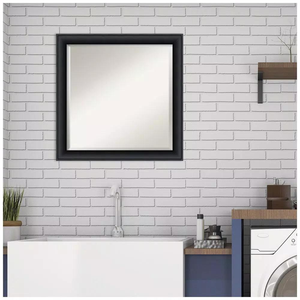 Amanti Art Nero 23 in. Square Beveled Edge Bathroom Vanity Mirror, Black Satin Wood Frame