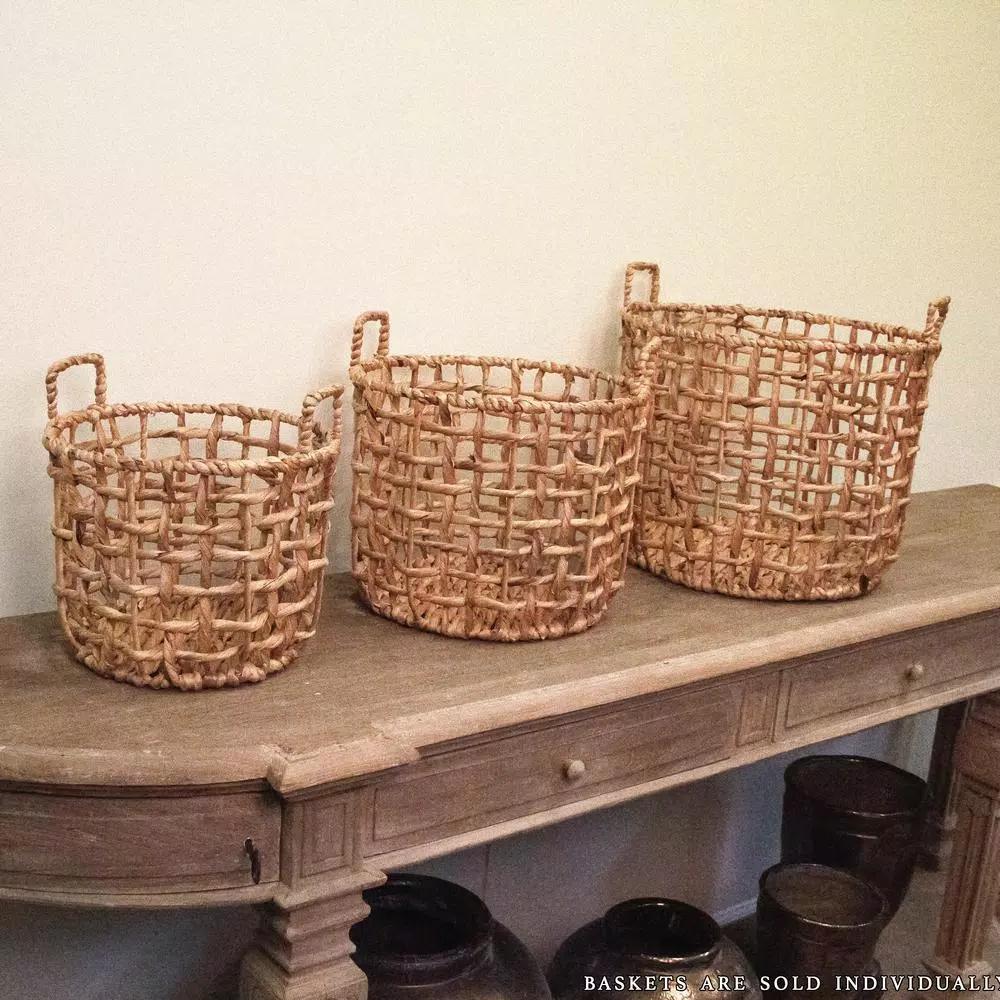 Zentique Large Round Handwoven Water Hyacinth Wicker Basket with Handles