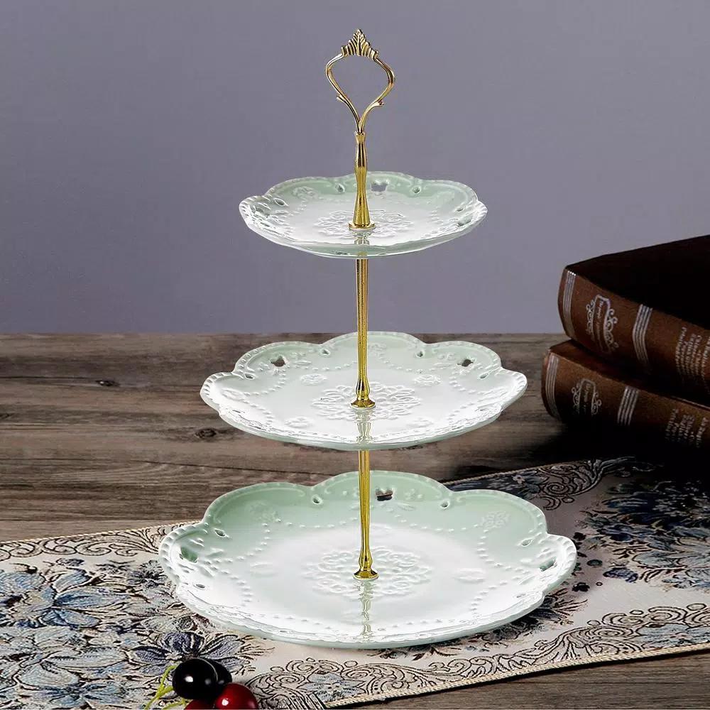 MALACASA 3-Tiered Green Porcelain Cupcake Tower Stand, Round Dessert & Cake Serving Stand