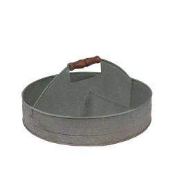 Benzara Round Galvanized Steel Divided Serving Tray with Wood Handles, Gray thumbnail 1