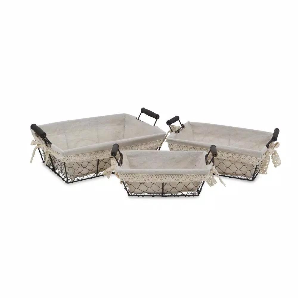 Cheungs Beige Metal Wire Decorative Tray Set of 3 with Fabric Liners - Farmhouse Style