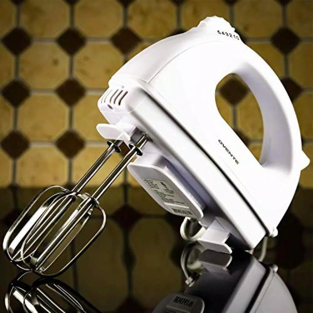 Ovente HM161 5-Speed 150W Electric Hand Mixer with Chrome Beaters and Snap-On Storage Case, White