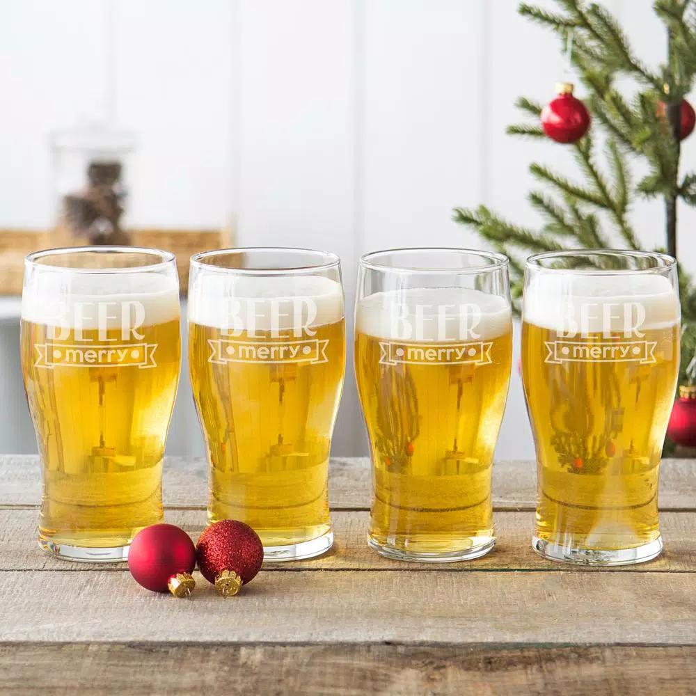 Cathy's Concepts Beer Merry Etched Glass Christmas Pilsner Glasses, 19 oz Set of 4
