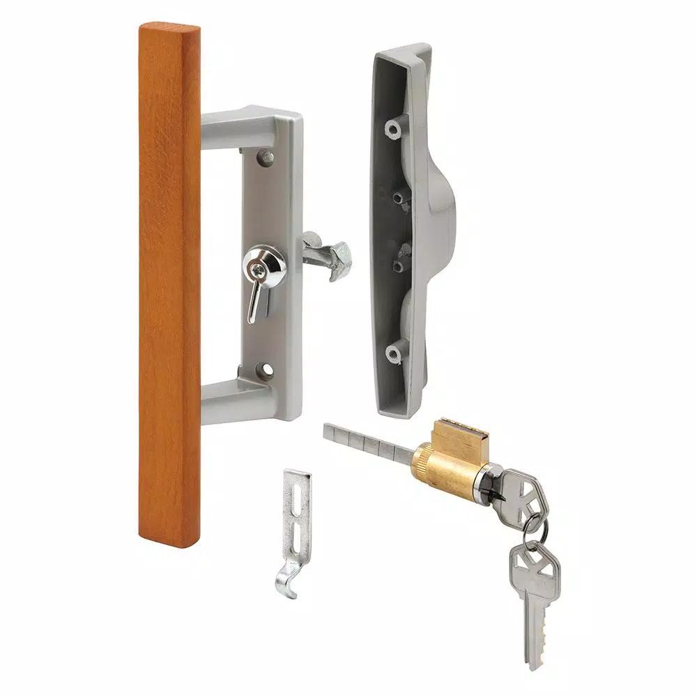 Prime-Line Gray Diecast Patio Door Handle with Wood Grip, Tee Lock with Key, 3-15/16 in. Mounting