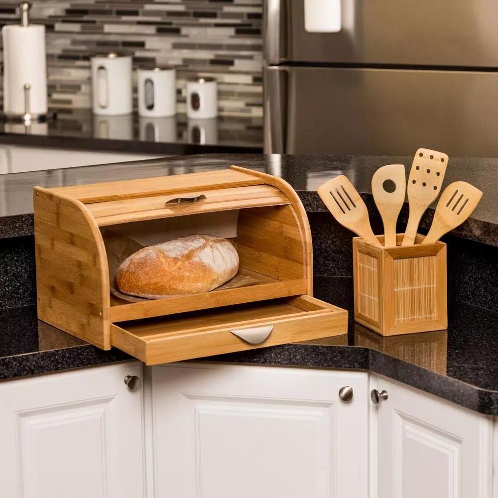 Honey-Can-Do Bamboo Bread Box with Roll-Top Door, Pull-Out Drawer, and Integrated Cutting Board