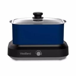 West Bend 6 Qt. Blue Non-Stick Versatility Slow Cooker with Griddle Base, Travel Lid, and Thermal Tote thumbnail 1