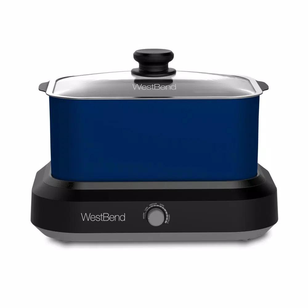 West Bend 6 Qt. Blue Non-Stick Versatility Slow Cooker with Griddle Base, Travel Lid, and Thermal Tote