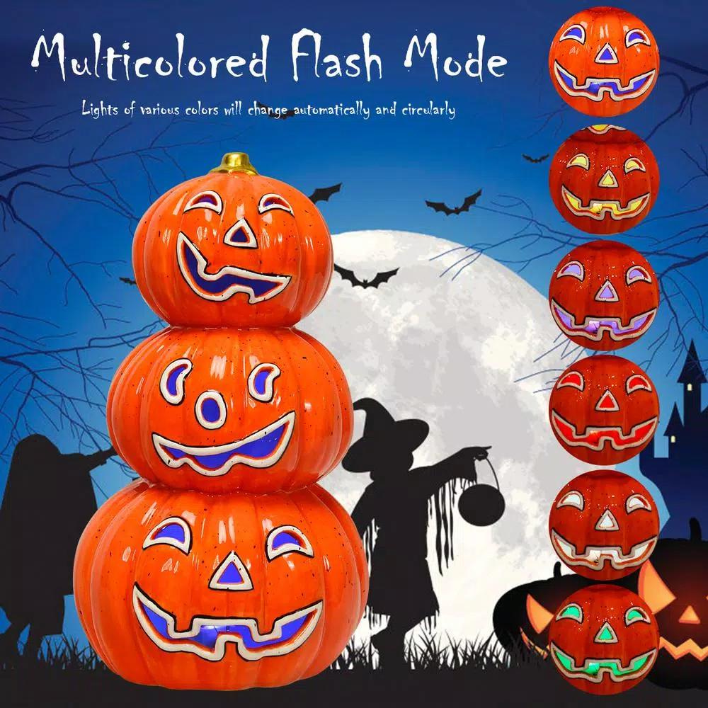 Costway 11 in. Orange Ceramic LED Halloween Pumpkin Lantern, Battery Powered Tabletop Decor