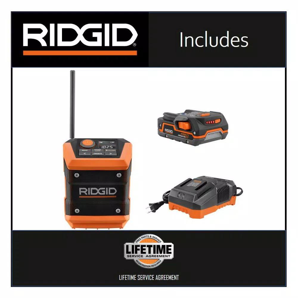 RIDGID 18V Cordless Compact Bluetooth Radio with Radio App, 1.5 Ah Battery & Charger Kit