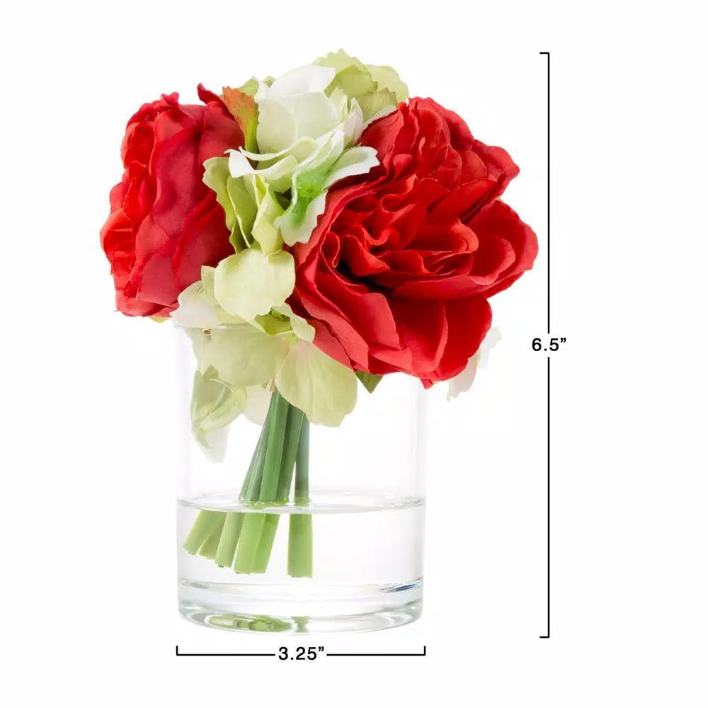 Pure Garden 6.5 in. Red Hydrangea and Rose Artificial Floral Arrangement in Glass Vase