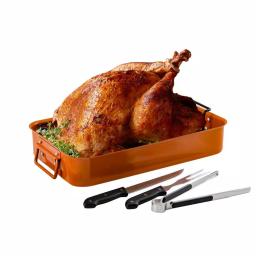 Ovente 5.5 Qt. Non-Stick Roasting Pan with Carving Set and V-Shaped Rack, Copper thumbnail 1