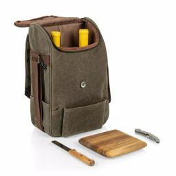 Picnic Time Khaki Green Waxed Canvas 2-Bottle Wine Cooler Bag and Acacia Wood Cheese Board Set thumbnail 4