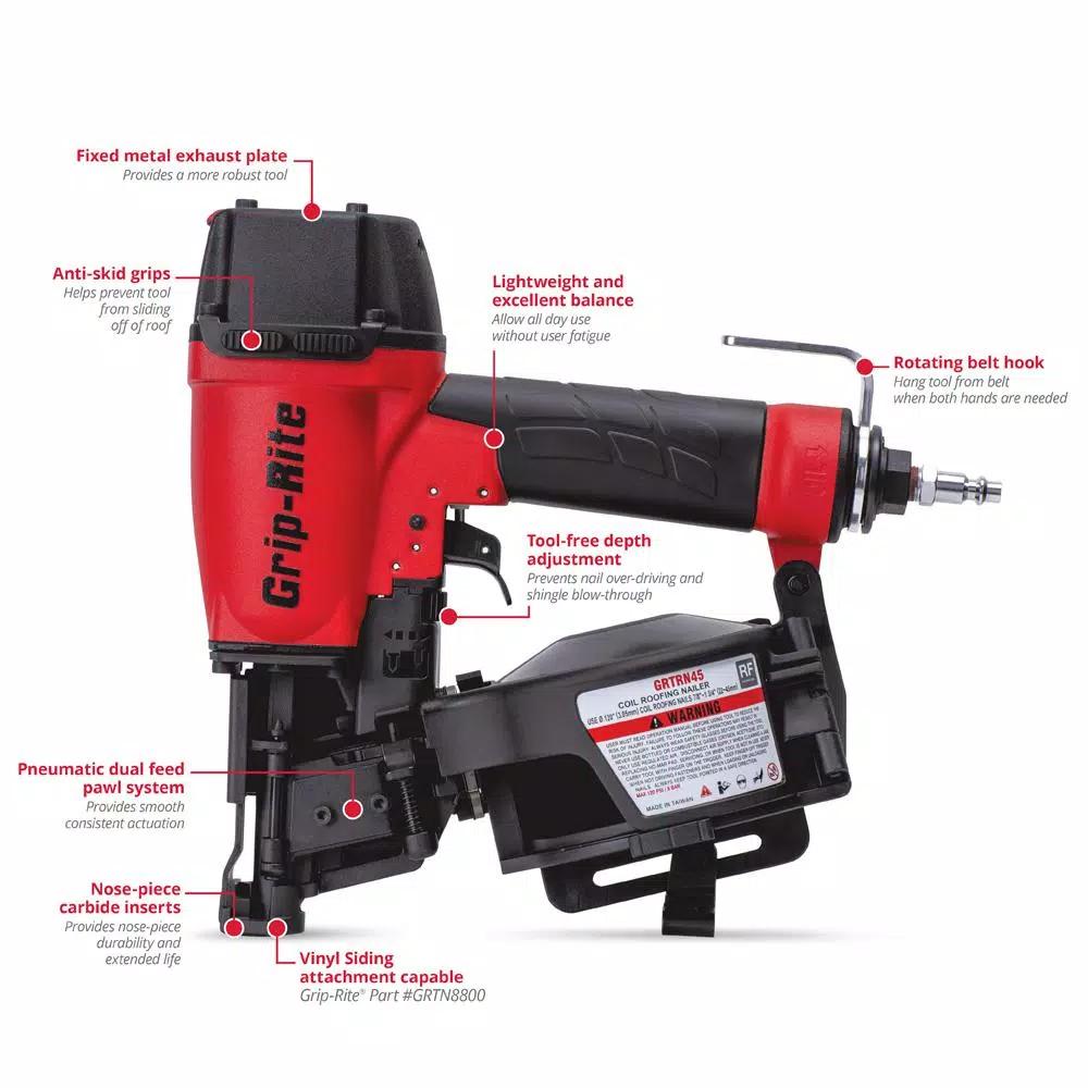 Grip-Rite GRTRN45 15-Degree Coil Roofing Nailer, 1-3/4 in. Max Fastener