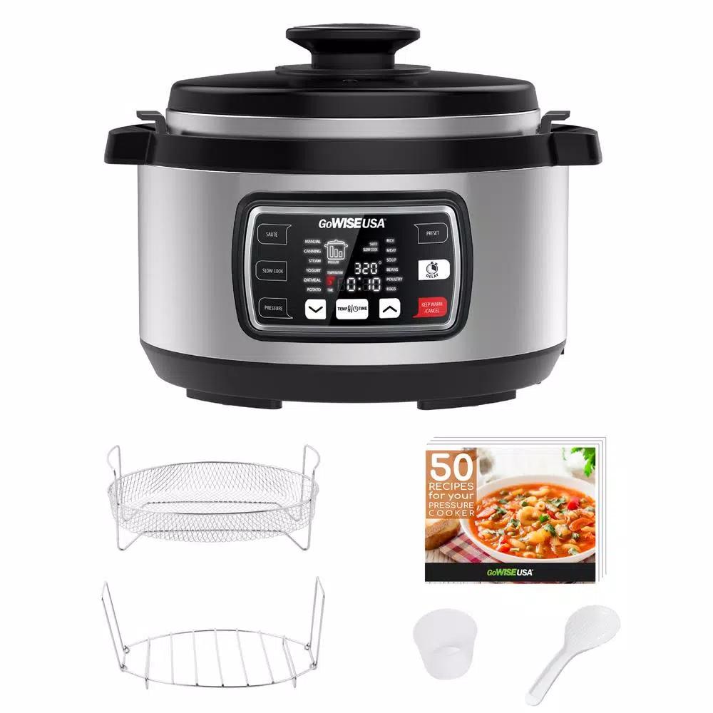 GoWISE USA Ovate 8.5 Qt. Stainless Steel Electric Oval Pressure Cooker with Accessories and 50 Recipes