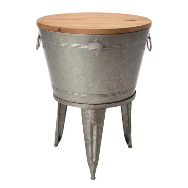 Glitzhome 26.29 in. Gray Galvanized Metal Beverage Tub with Firwood Lid and Metal Stand