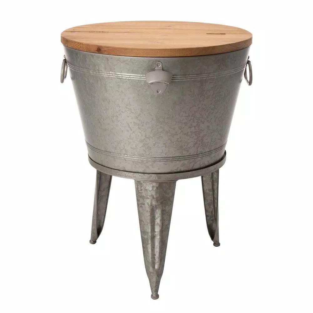 Glitzhome 26.29 in. Gray Galvanized Metal Beverage Tub with Firwood Lid and Metal Stand