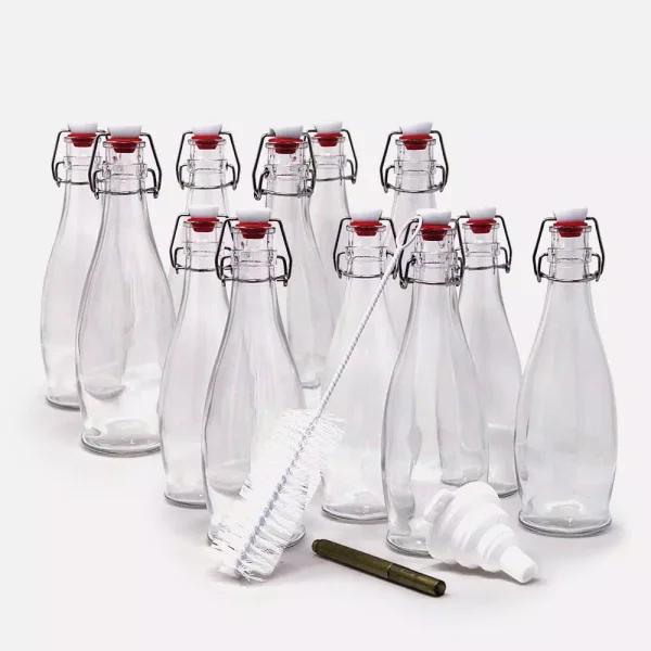 Mockins 17 oz. Glass Bottles with Swing Top Stoppers, Funnel, Brush, and Gold Marker (Set of 12)