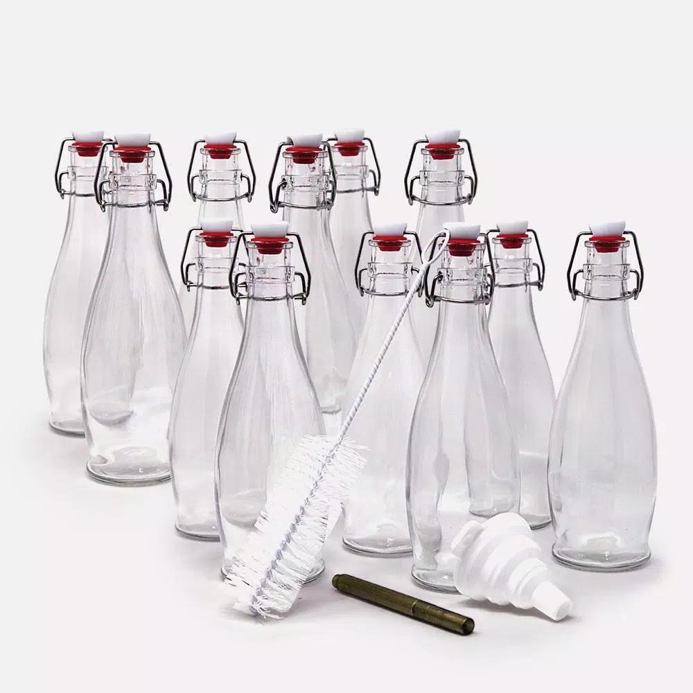Mockins 17 oz. Glass Bottles with Swing Top Stoppers, Funnel, Brush, and Gold Marker (Set of 12)