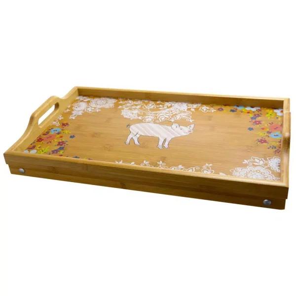 Urban Market Life On The Farm Bamboo Bed Tray with Foldable Legs and Floral Pig Design