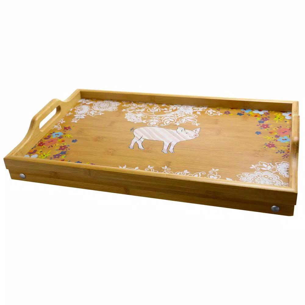 Urban Market Life On The Farm Bamboo Bed Tray with Foldable Legs and Floral Pig Design
