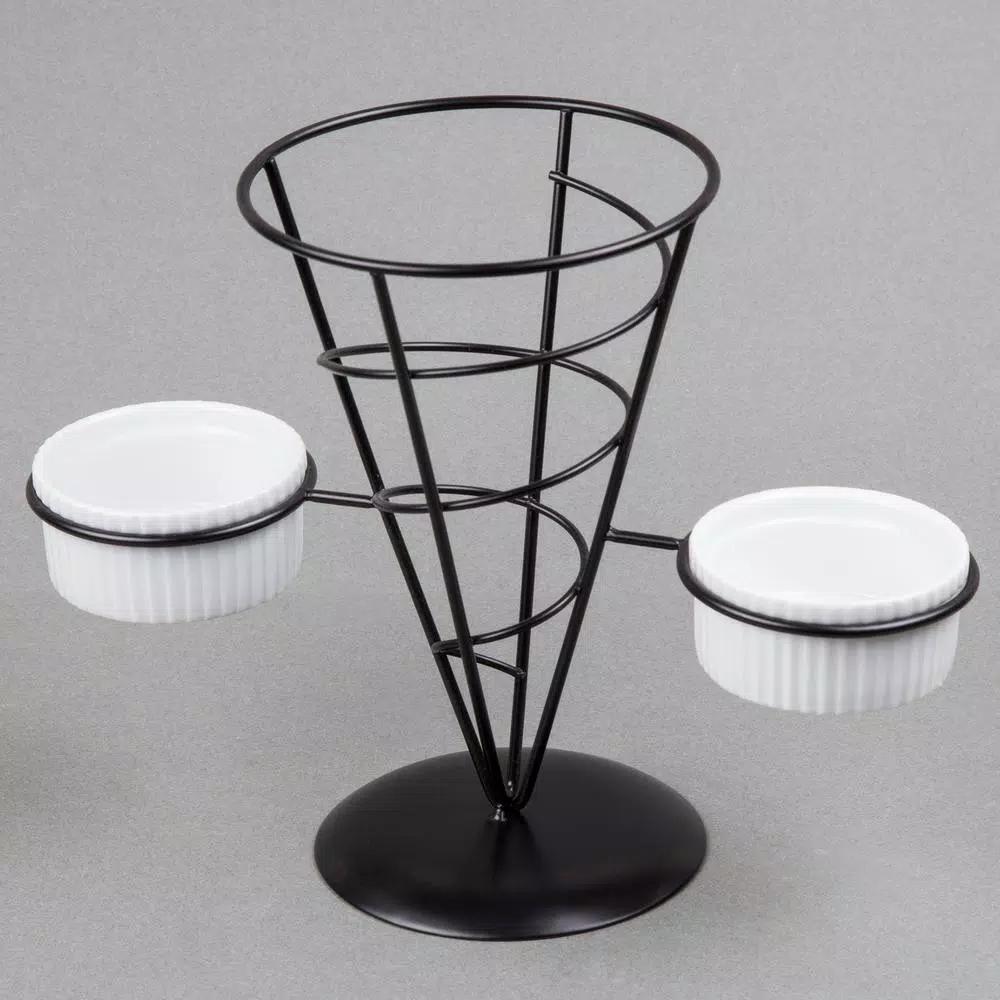 Creative Home Black Iron Wire French Fry Holder Set with 2 Ceramic Ramekins for Dipping Sauce