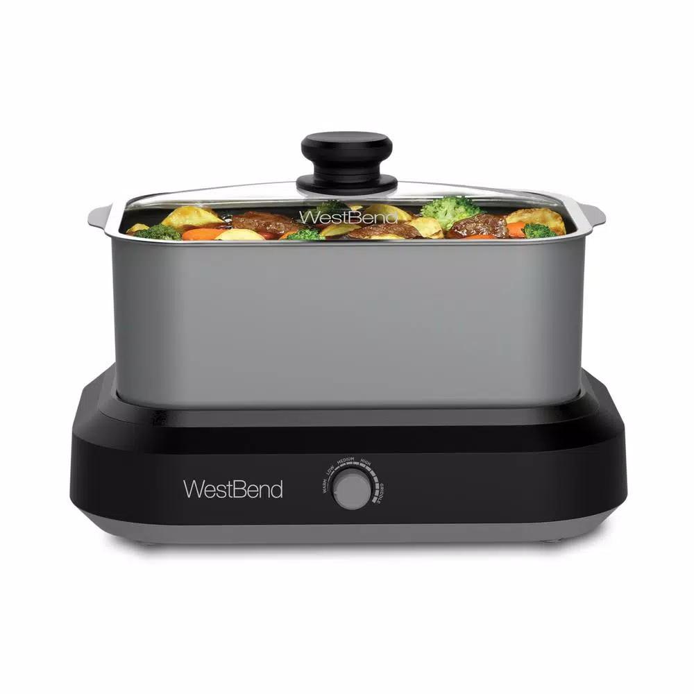 West Bend 5 Qt. Silver Non-Stick Versatility Slow Cooker with Griddle Base, Travel Lid and Thermal Tote