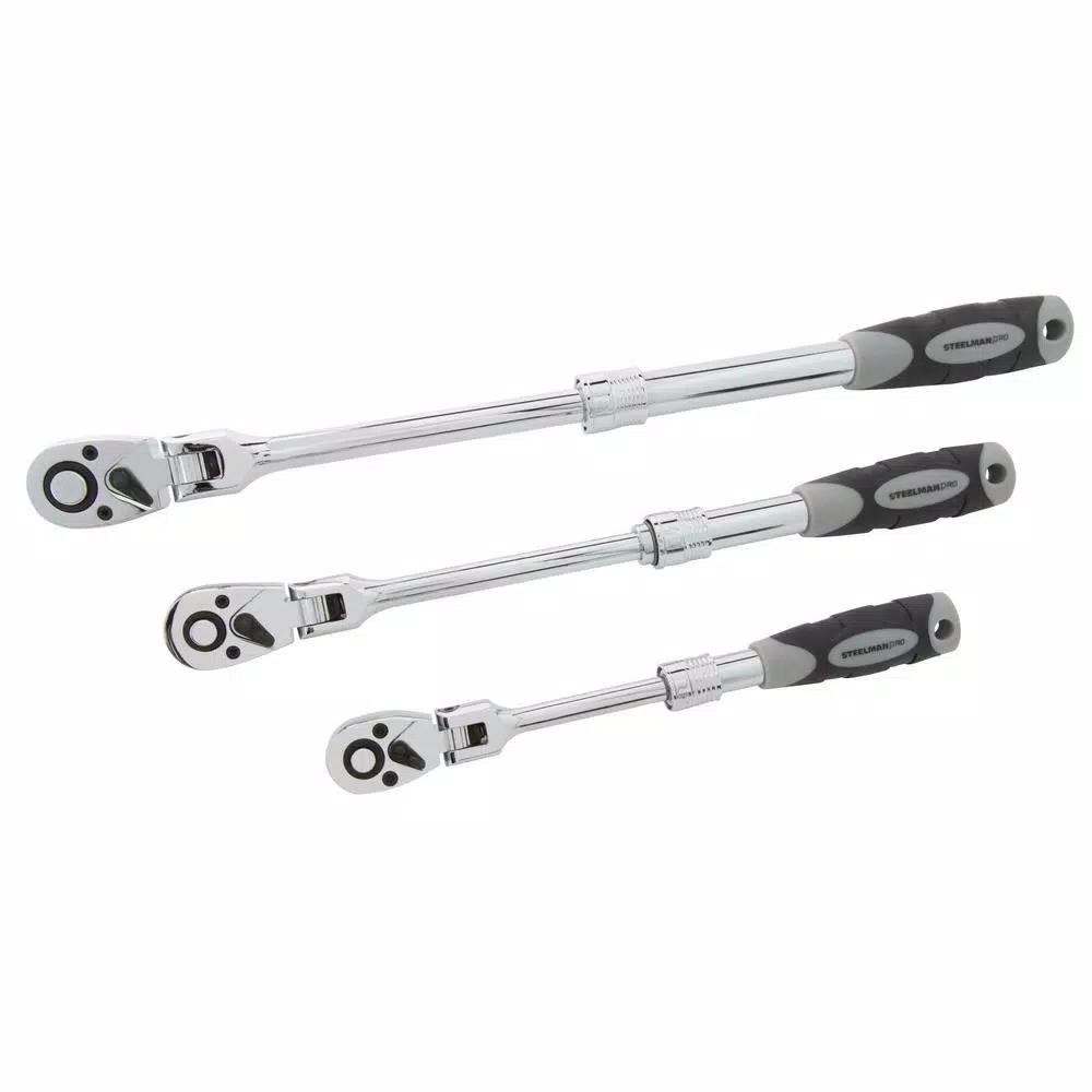 STEELMAN PRO 96753 3-Piece Extendable Flex-Head Ratchet Set, 1/4 in., 3/8 in., and 1/2 in. Drive