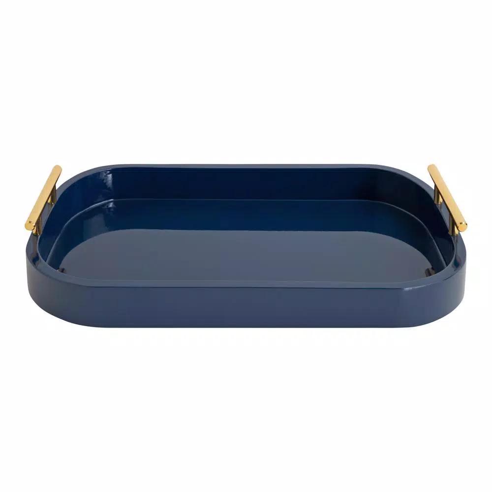 Kate and Laurel Lipton Navy Blue Decorative Wood Tray with Gold Handles