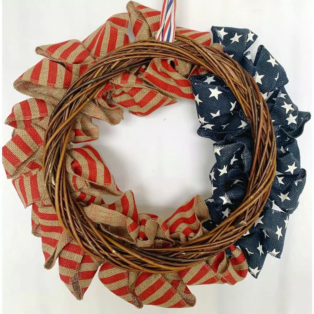 Glitzhome 22 in. Red and Blue Patriotic Burlap Wreath on Grapevine Base