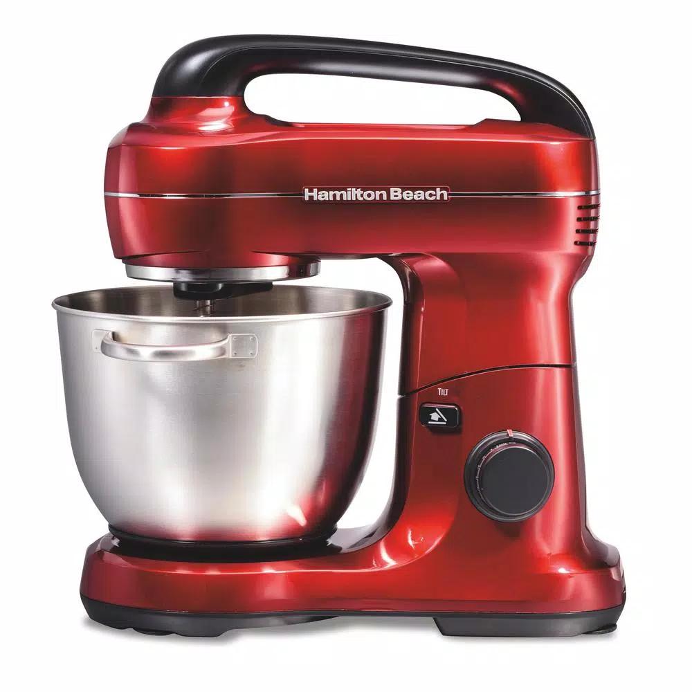 Hamilton Beach 4 Qt. 7-Speed Tilt Head Stand Mixer with Stainless Steel Bowl, Red