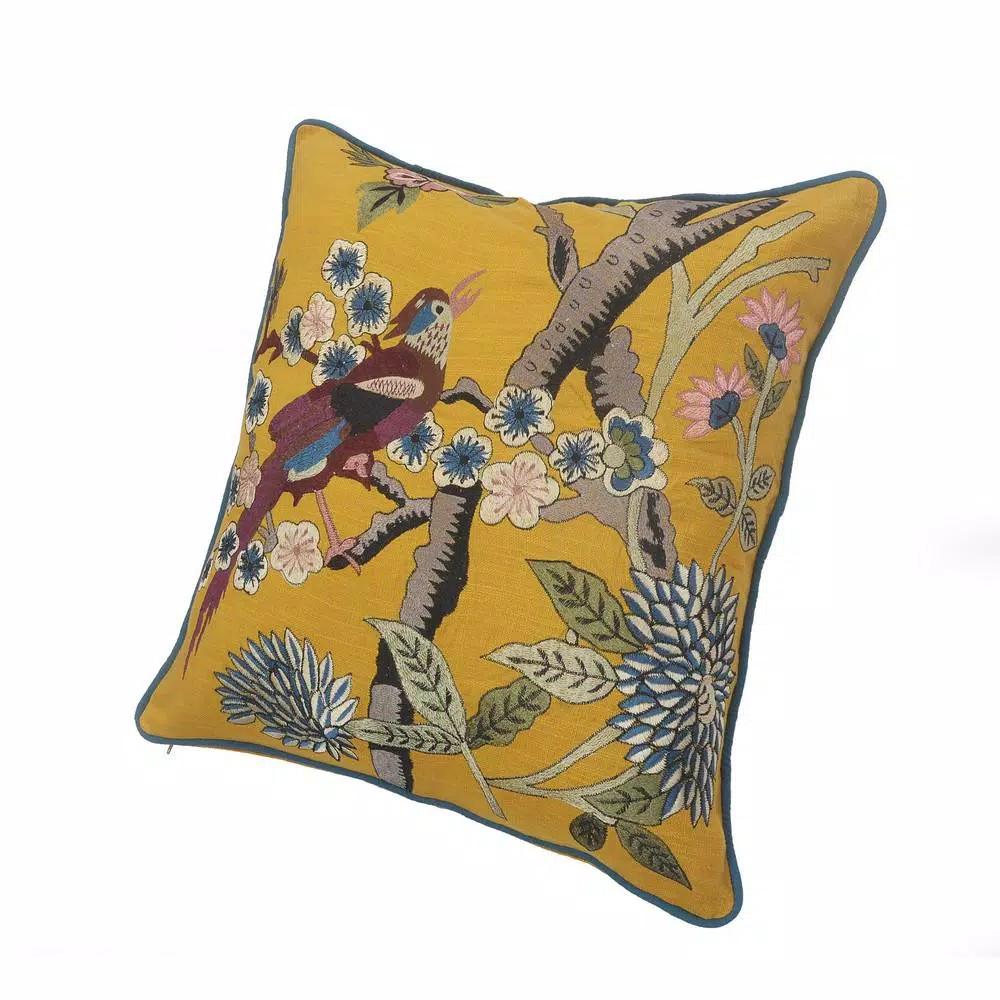 LR Home Scenic Yellow Floral Birds Throw Pillow - 20 x 20 in. Cotton Square Accent Pillow