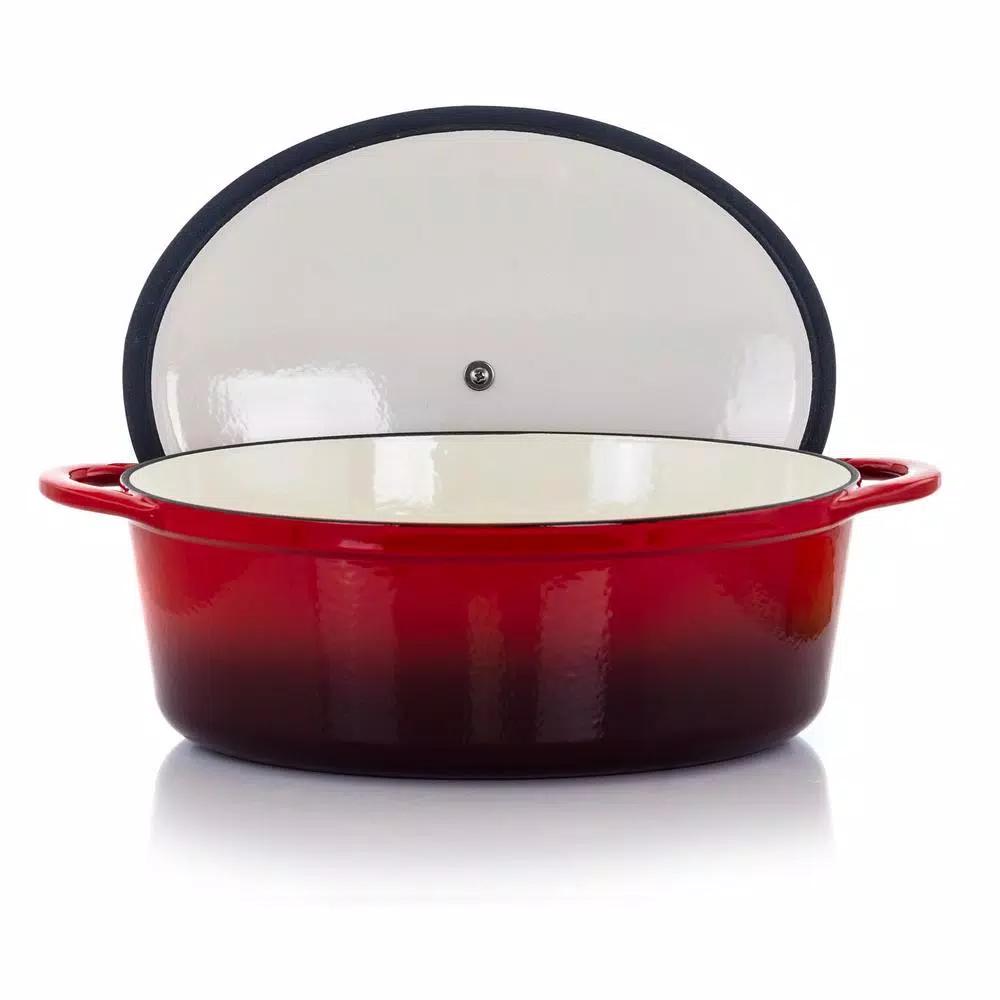 MegaChef 7 Qt. Oval Enameled Cast Iron Casserole Dish with Lid, Red