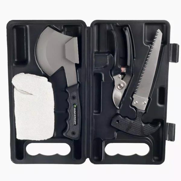 Wakeman Outdoors 4-Piece Metal Camping Tool Kit with Axe, Saw, Clippers, and Gloves