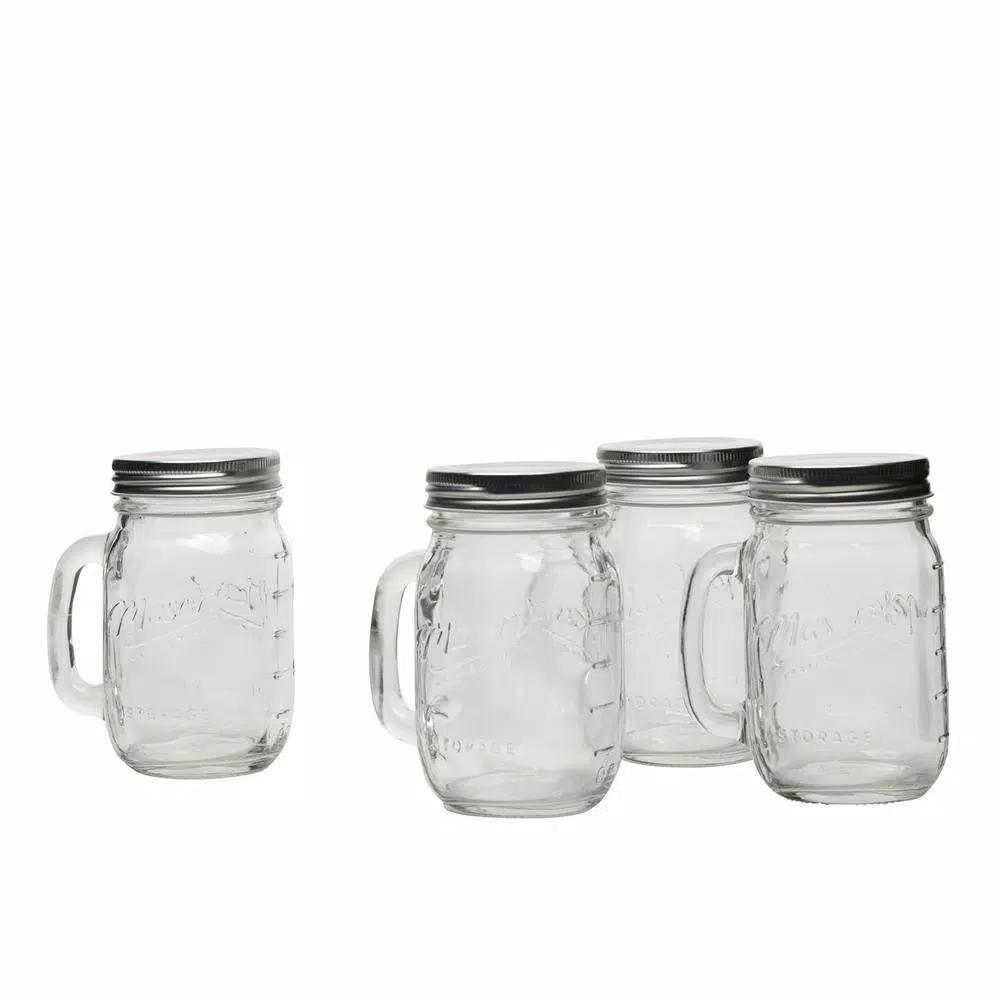 MASON CRAFT & MORE 5-Piece Clear Glass Drink Dispenser Set with 4L Dispenser and 4 Mugs with Metal Lids