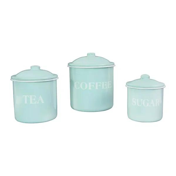 3R Studios 3-Piece Green Metal Kitchen Canister Set with Lids - Coffee, Tea, and Sugar Typography