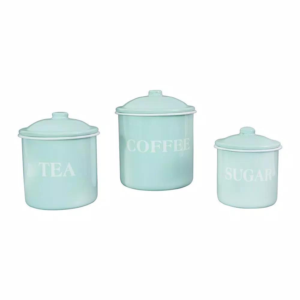 3R Studios 3-Piece Green Metal Kitchen Canister Set with Lids - Coffee, Tea, and Sugar Typography