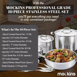 Mockins 10-Piece Tri-Ply Stainless Steel Cookware Set with Lids and Utensils thumbnail 2