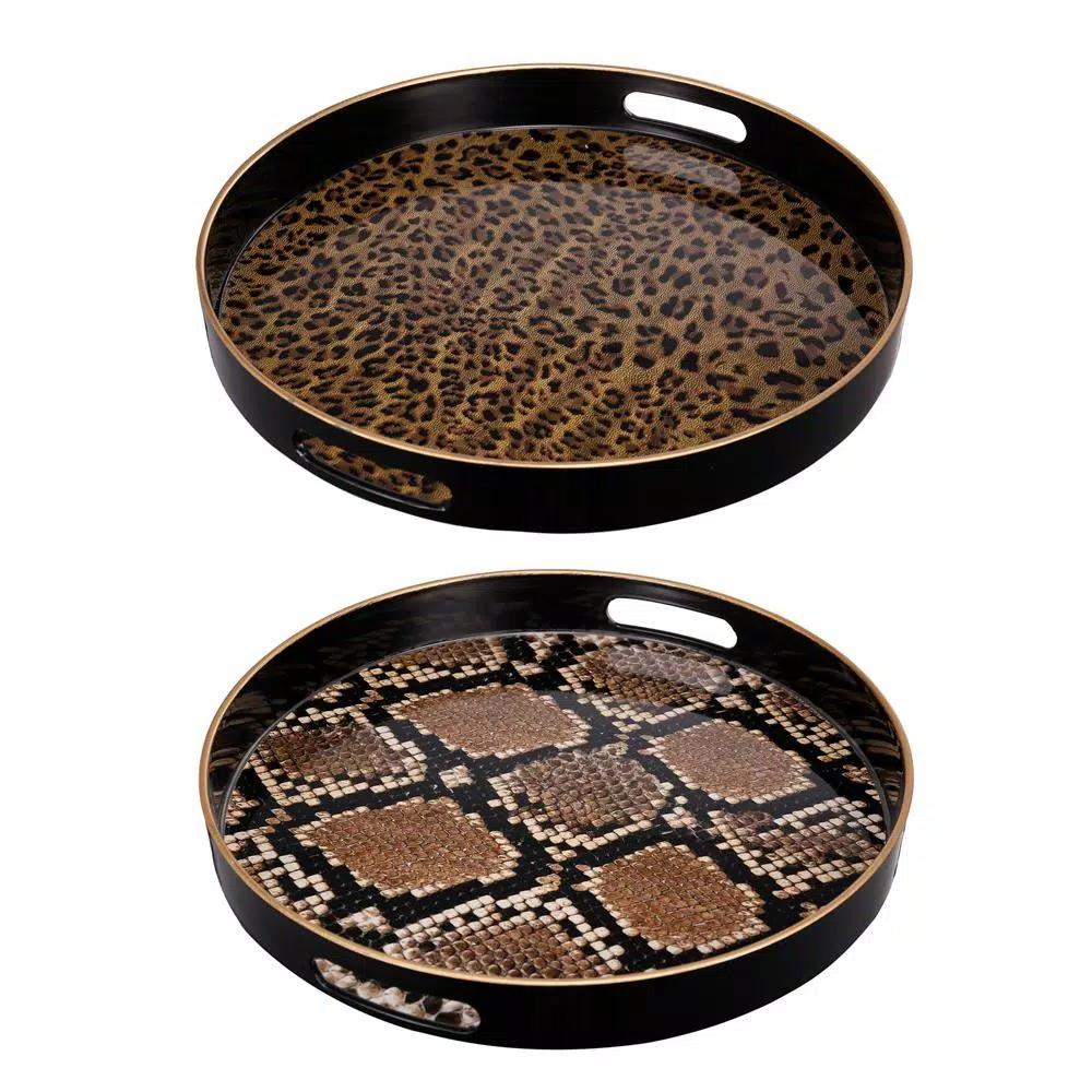 A & B Home Quinn Round Brown Safari-Themed Trays, Set of 2