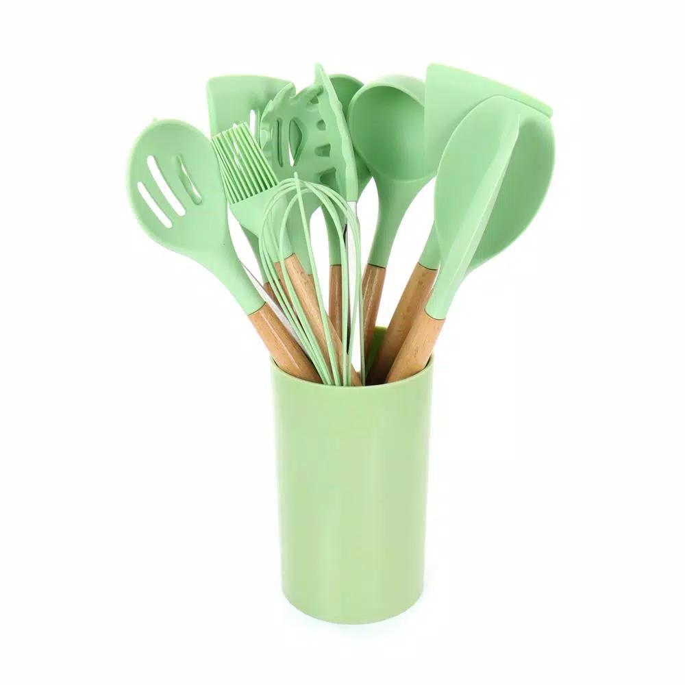 MegaChef 12-Piece Mint Green Silicone and Wood Kitchen Utensil Set